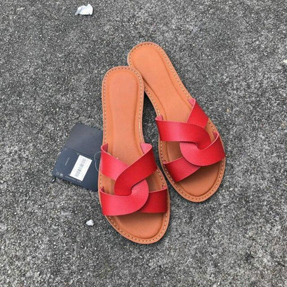 Stevvex red leather cross-strap flat sandals for women, pair of slip-on beach slides on Tampa Home & Garden Store