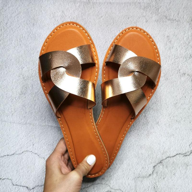 Stevvex women's cross-strap metallic gold leather flat sandals, slip-on casual beach slides on Tampa Home & Garden Store