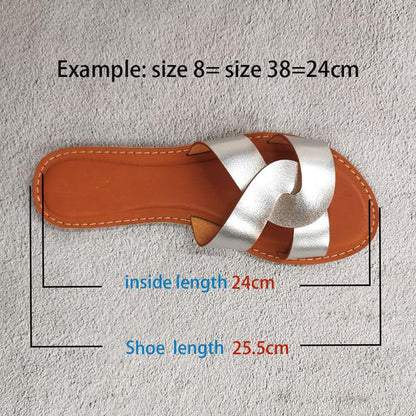 Stevvex summer women sandals with silver cross straps and brown insole flat slides on Tampa Home & Garden Store