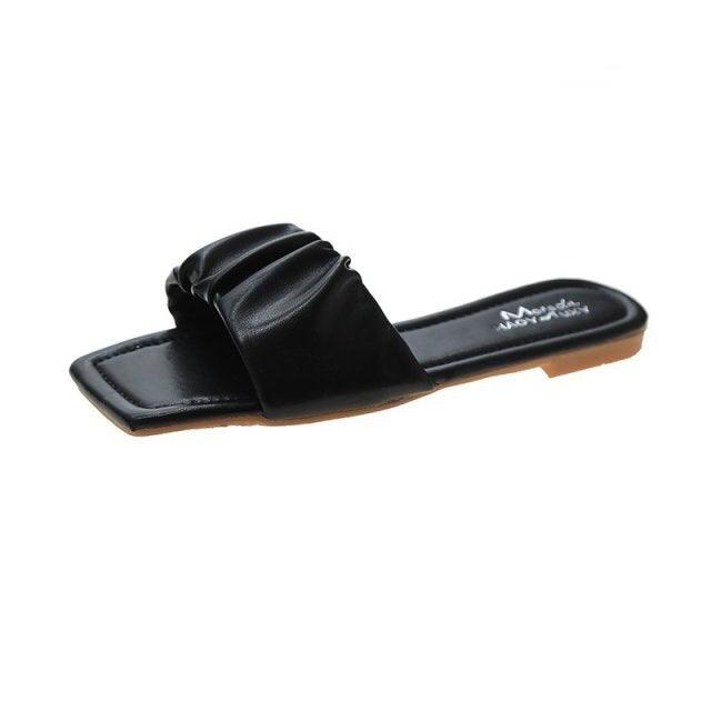 Stevvex black open-toe square sandal with a pleated wide strap and flat sole on Tampa Home & Garden Store