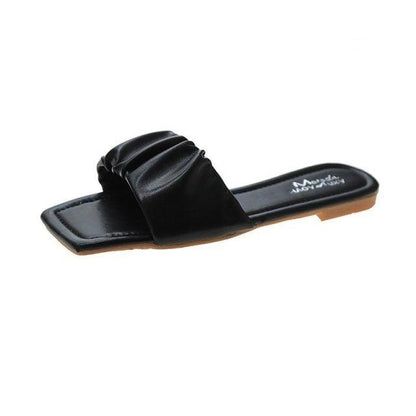 Stevvex black open-toe square sandal with a pleated wide strap and flat sole on Tampa Home & Garden Store