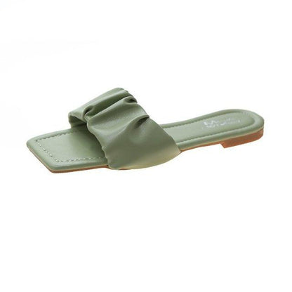 Stevvex green women's open-toe square-toe slide sandal with a pleated strap, flat sole on Tampa Home & Garden Store