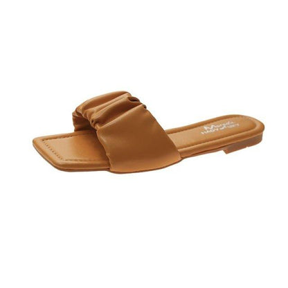 Stevvex women's tan open-toe flat sandals with ruched strap on Tampa Home & Garden Store