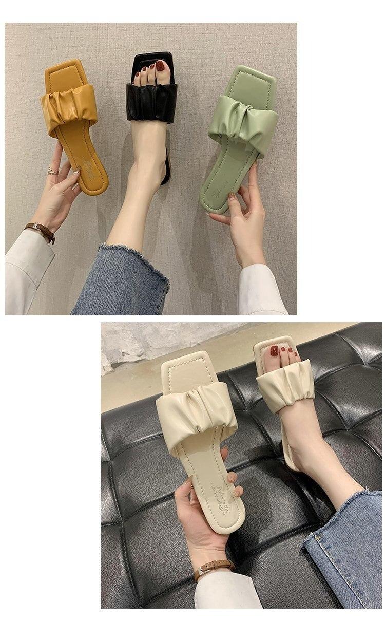 Stevvex open-toe slide sandals with pleated bow straps in mustard, black, sage green, cream on Tampa Home & Garden Store