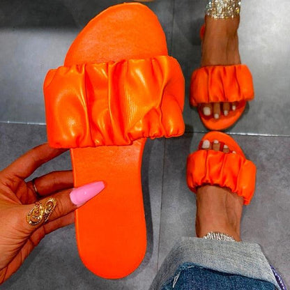 Summer Sandals Stevvex orange ruched strap open toe slide sandals three shown on Tampa Home & Garden Store