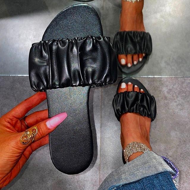 Three Stevvex open-toe flat sandals with pleated black strap, slip-on beach slides on Tampa Home & Garden Store