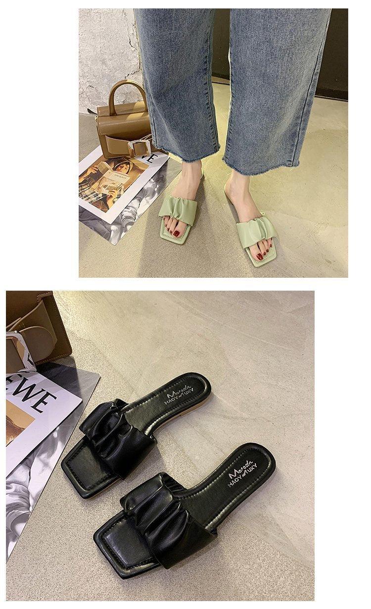 Stevvex open-toe square sandals green and black ruched slides, 2 pairs on Tampa Home & Garden Store