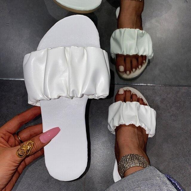 Pair of Stevvex white pleated strap slide sandals for women, open-toe flat beach slippers on Tampa Home & Garden Store