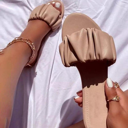 Women's flat sandal Stevvex pair with tan pleated strap open-toe slip-on beach sandals on Tampa Home & Garden Store