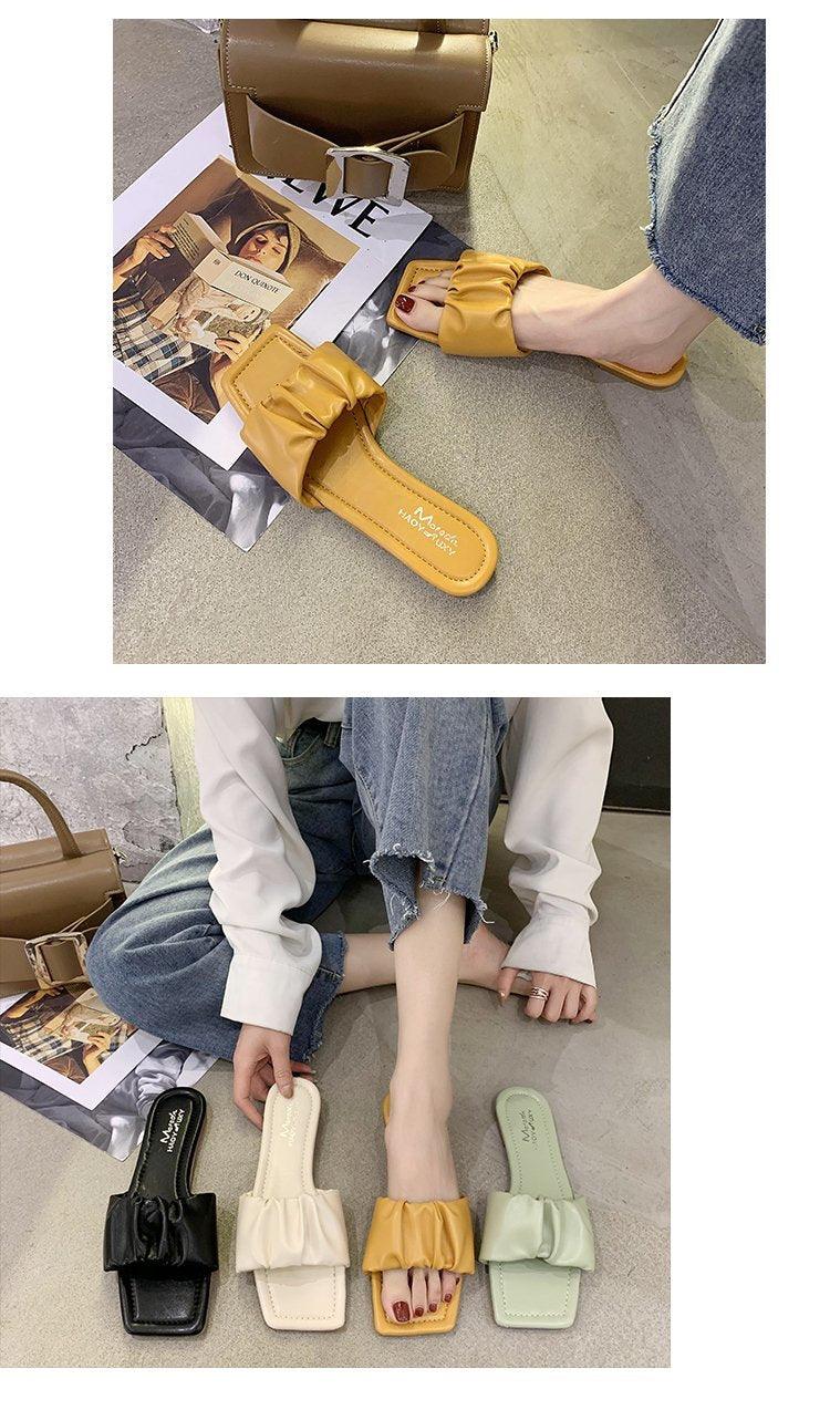 Stevvex women's yellow pleated strap flat sandals, open-toe slip-on beach sandals on Tampa Home & Garden Store

Stevvex open-toe sandals with pleated straps in black, cream, mustard, mint green (4 colors) on Tampa Home & Garden Store