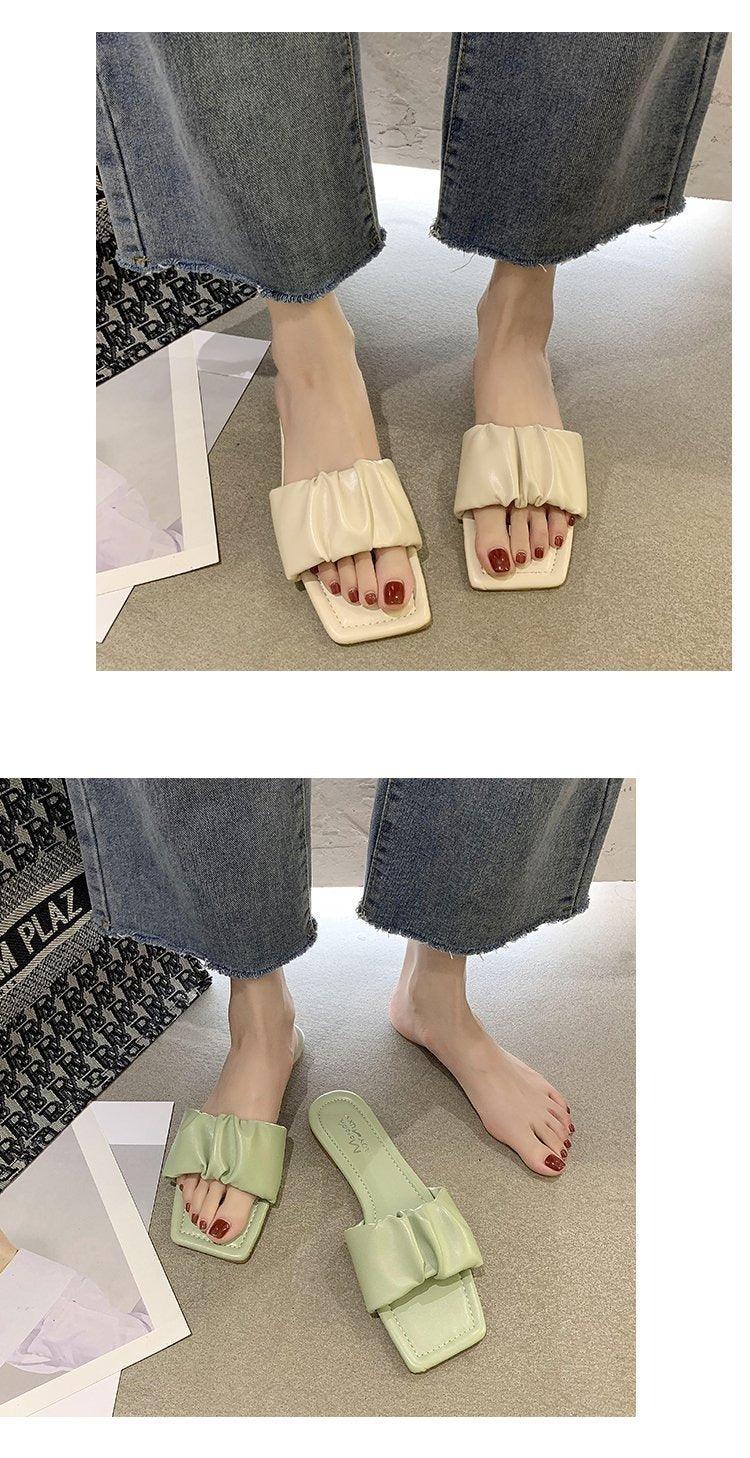 Summer Women Sandals Stevvex cream pleated square-toe open-toe slides worn on feet on Tampa Home & Garden Store
Summer Women Sandals Stevvex mint green pleated square-toe open-toe sandals on floor beside feet on Tampa Home & Garden Store