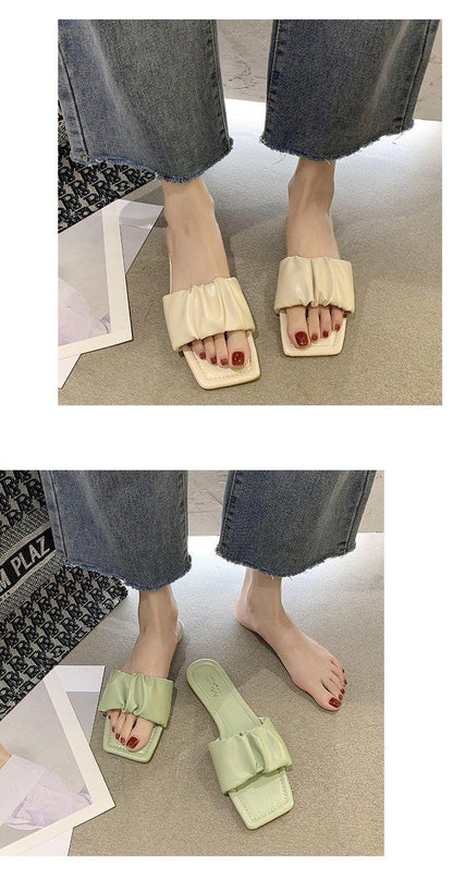 Summer Women Sandals Stevvex cream pleated square-toe open-toe slides worn on feet on Tampa Home & Garden Store
Summer Women Sandals Stevvex mint green pleated square-toe open-toe sandals on floor beside feet on Tampa Home & Garden Store