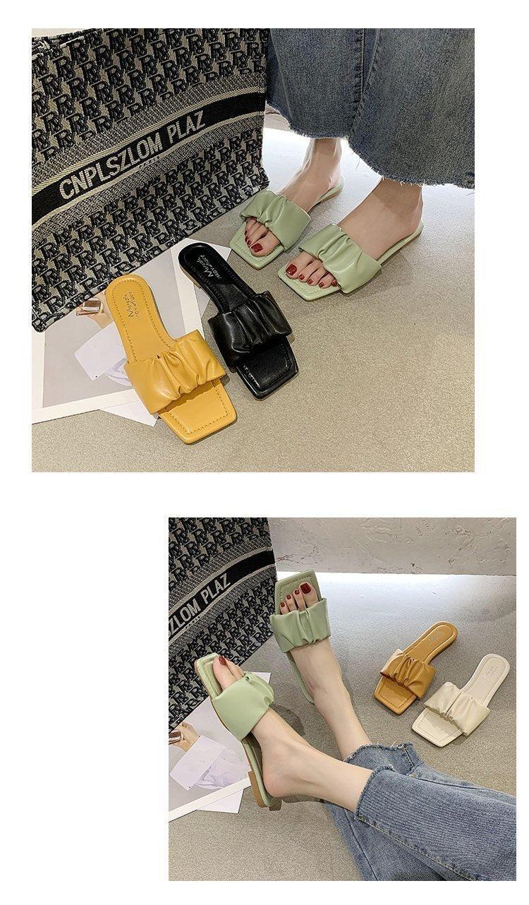 Stevvex open-toe sandals with pleated ruffle strap; mint green worn, yellow/black/beige colorways on Tampa Home & Garden Store