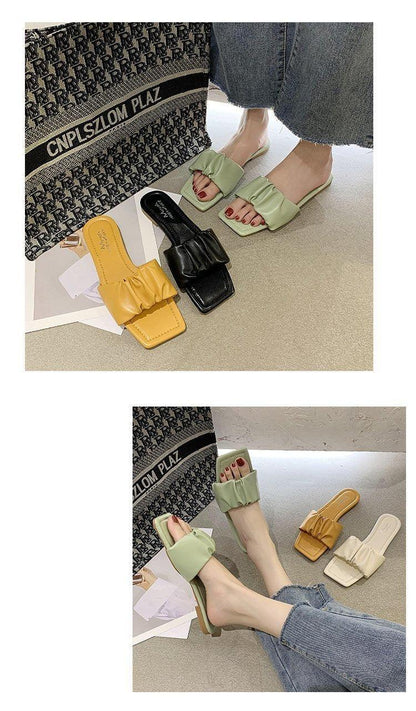 Stevvex open-toe sandals with pleated ruffle strap; mint green worn, yellow/black/beige colorways on Tampa Home & Garden Store