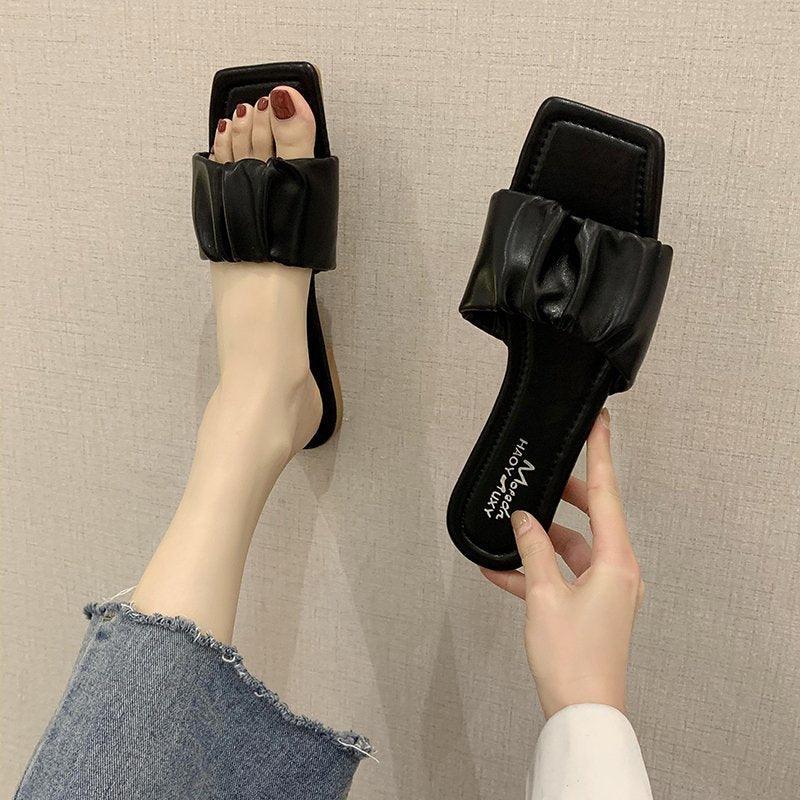 Stevvex black pleated strap sandals, open-toe square-toe, slip-on flat beach slides (two shown) on Tampa Home & Garden Store