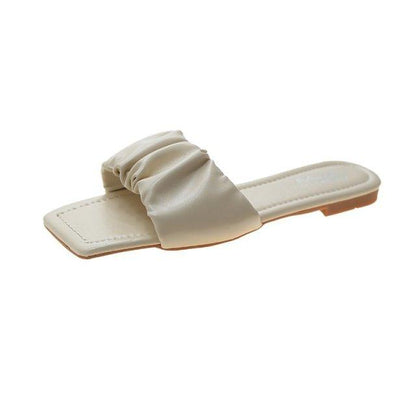 Stevvex flat sandals beige ruched strap square-toe slide open-toe casual beach sandal on Tampa Home & Garden Store