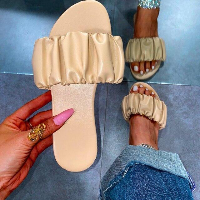 Stevvex women's beige ruched strap flat sandals open-toe slip-on beach pair on Tampa Home & Garden Store