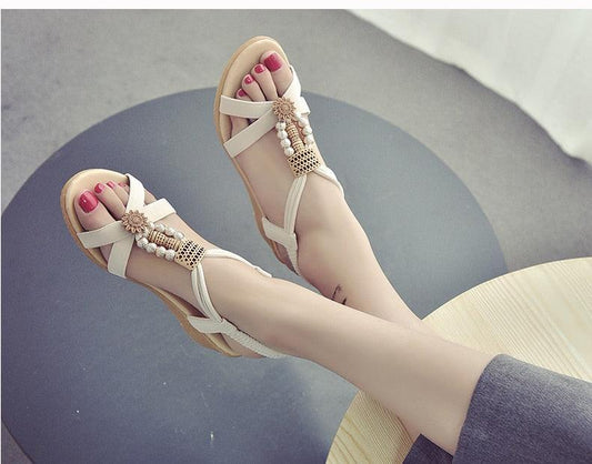 Summer Women Sandals beige pearl-embellished ankle-strap flat slip-on Stevvex on Tampa Home & Garden Store