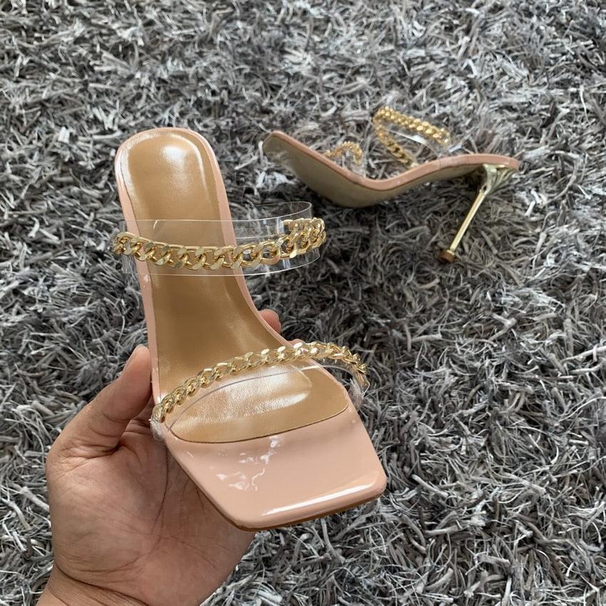 Stevvex Elegant Women Square Toe High Heel Sandals with clear straps and gold chain, nude pink on Tampa Home & Garden Store