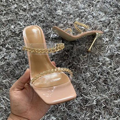 Stevvex Elegant Women Square Toe High Heel Sandals with clear straps and gold chain, nude pink on Tampa Home & Garden Store