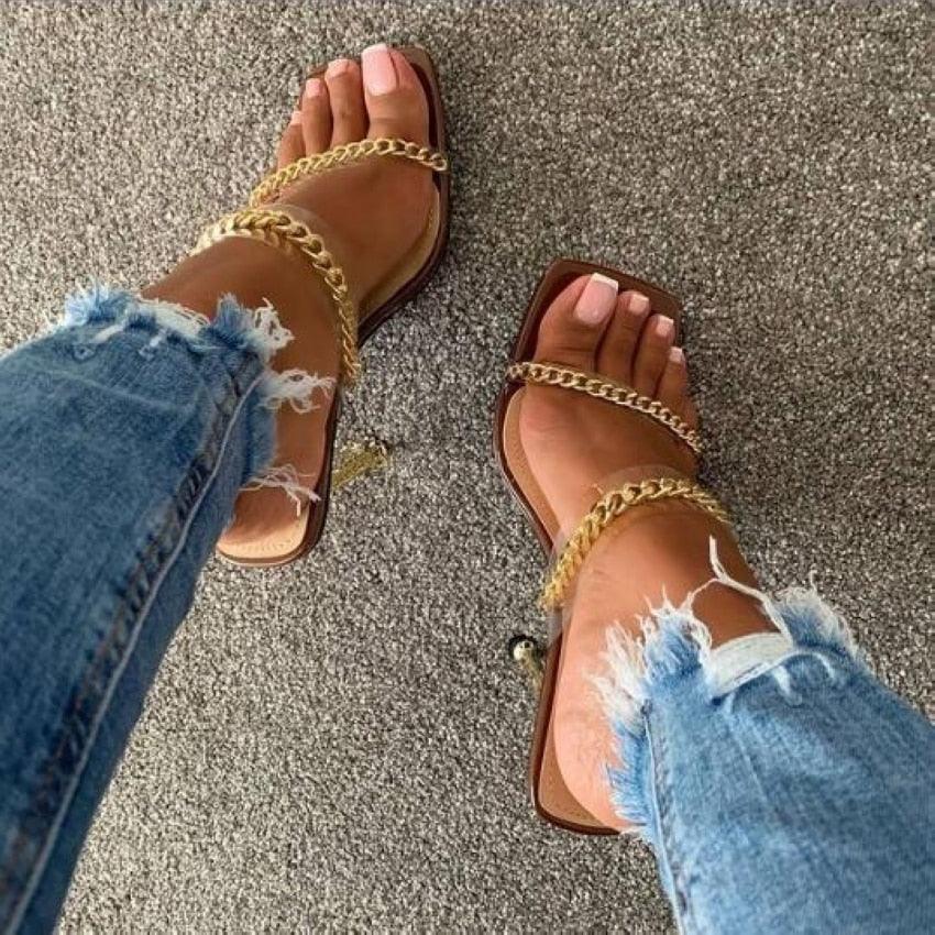 Elegant Women Square Toe High Heel Sandals by Stevvex with gold chain straps brown sole on Tampa Home & Garden Store