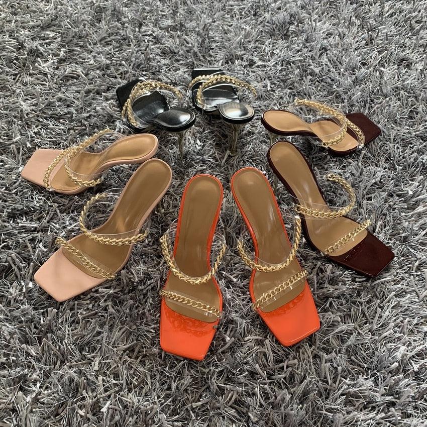 Stevvex elegant women square-toe high-heel sandals with chain straps, assorted colors (8 pairs) on Tampa Home & Garden Store