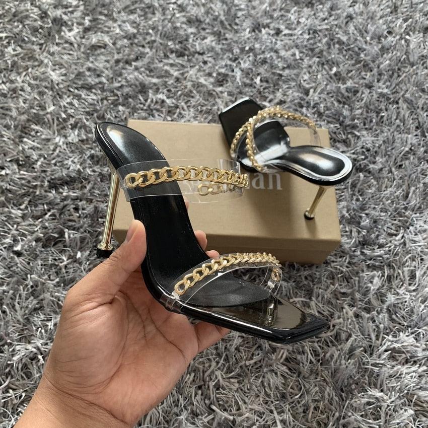 Elegant Women Square Toe High Heel Sandals by Stevvex with straps and gold chain, black sole on Tampa Home & Garden Store
