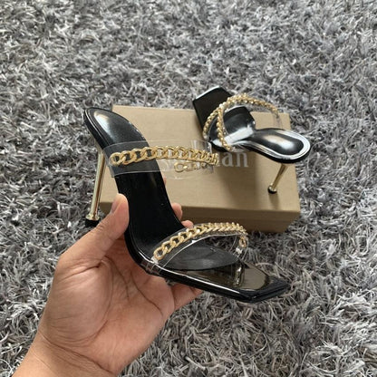 Elegant Women Square Toe High Heel Sandals by Stevvex with straps and gold chain, black sole on Tampa Home & Garden Store