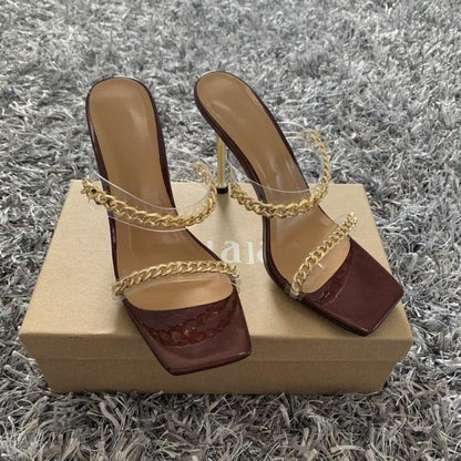 Elegant Women Square Toe High Heel Sandals by Stevvex in burgundy with gold chain straps on Tampa Home & Garden Store