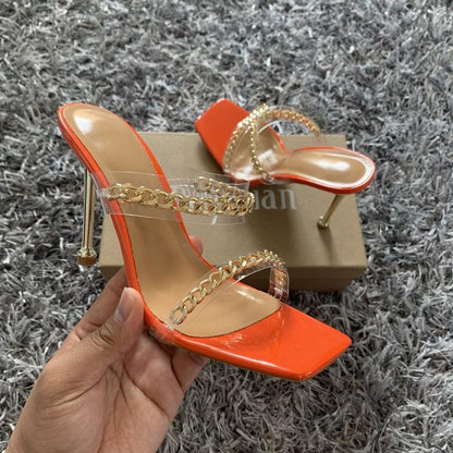 Stevvex orange square-toe high heel sandals with clear chain straps, stiletto heel, 2 sandals on Tampa Home & Garden Store