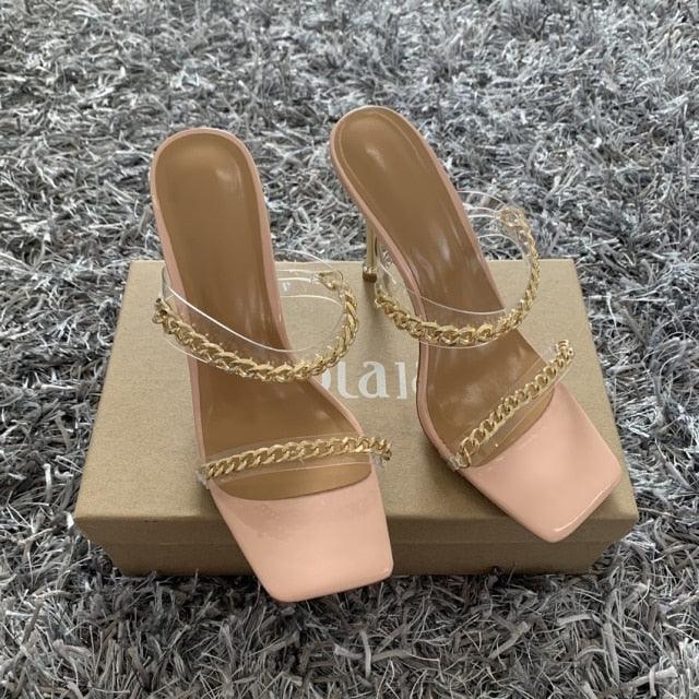 Stevvex Elegant Women Square Toe High Heel Sandals nude pink with gold chain straps pair on Tampa Home & Garden Store