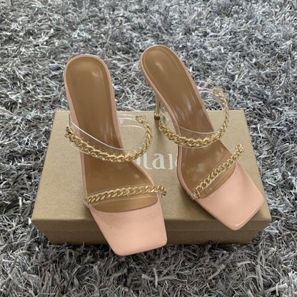 Stevvex Elegant Women Square Toe High Heel Sandals nude pink with gold chain straps pair on Tampa Home & Garden Store