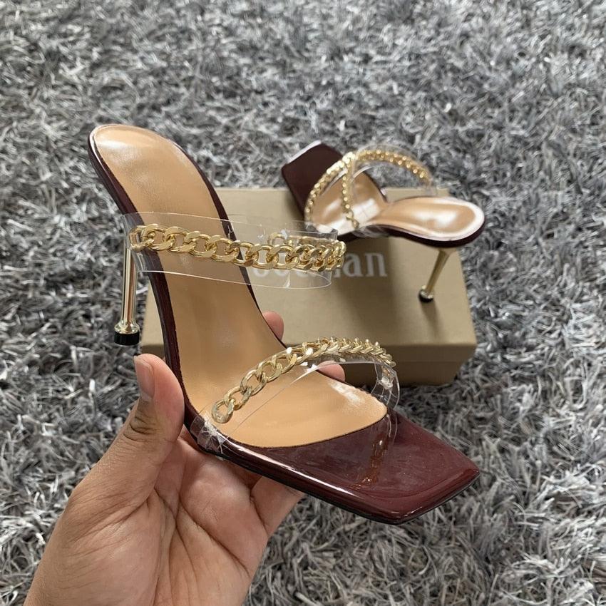 Elegant Women Square Toe High Heel Sandals Stevvex burgundy with clear toe strap on Tampa Home & Garden Store