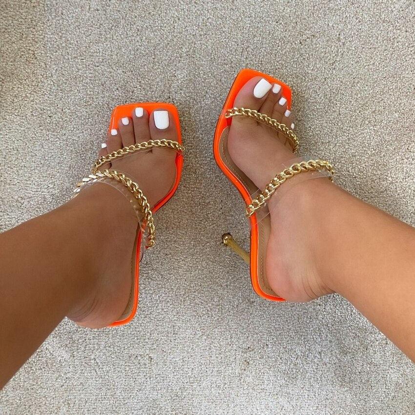 Elegant Women Square Toe High Heel Sandals Stevvex in orange with gold chain straps on Tampa Home & Garden Store