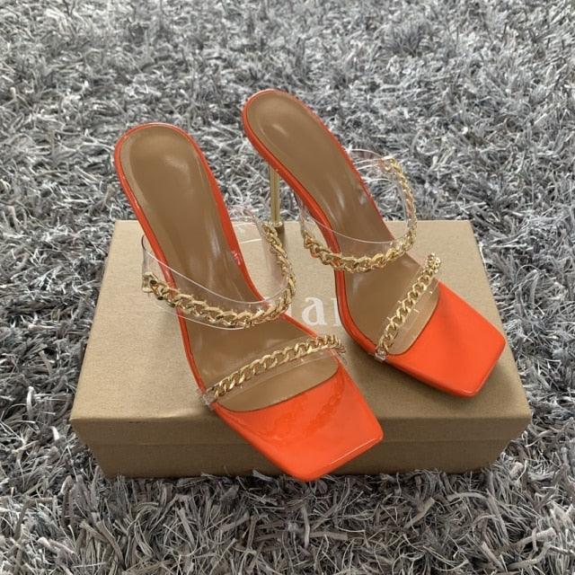 Elegant Women Square Toe High Heel Sandals by Stevvex in bright orange with gold chain straps on Tampa Home & Garden Store