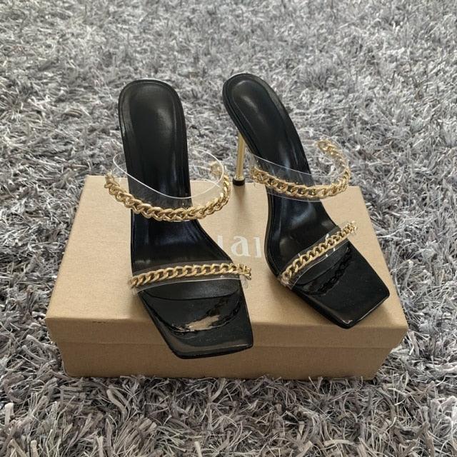 Elegant Women Square Toe High Heel Sandals, black with ankle strap, gold chain, pair on box on Tampa Home & Garden Store