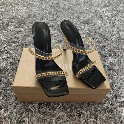 Elegant Women Square Toe High Heel Sandals, black with ankle strap, gold chain, pair on box on Tampa Home & Garden Store