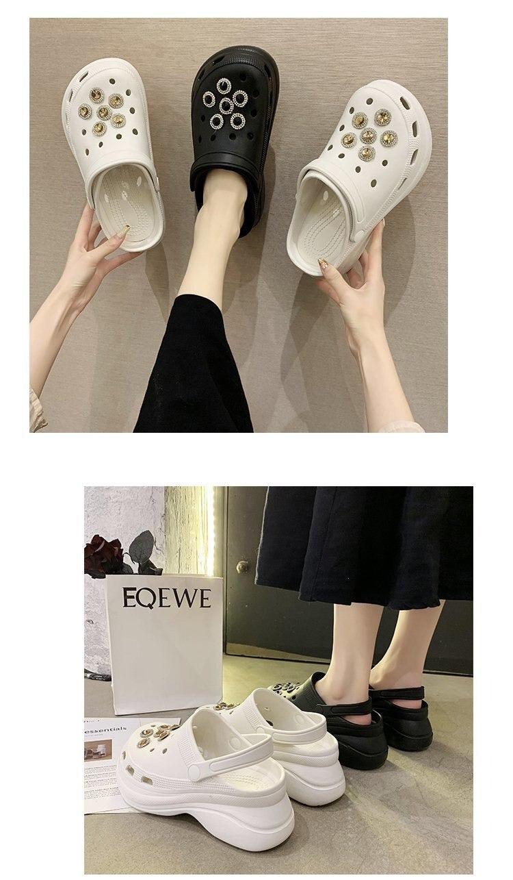 Stevvex Comfortable Women's Foam Platform Garden Clogs in white and black with crystal studs on Tampa Home & Garden Store
