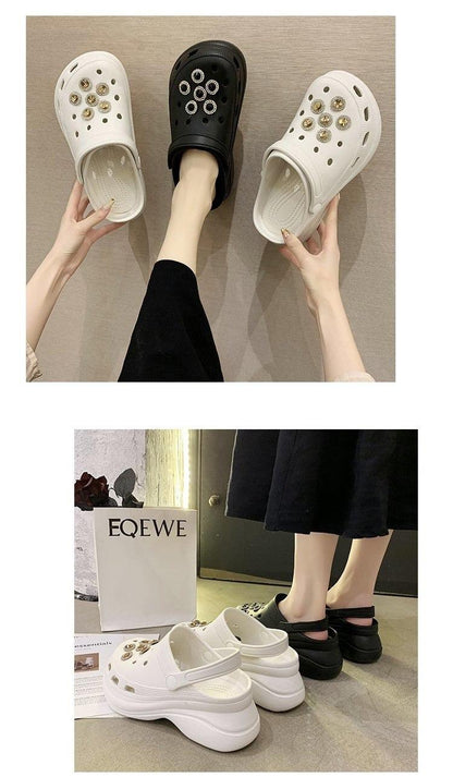 Stevvex Comfortable Women's Foam Platform Garden Clogs in white and black with crystal studs on Tampa Home & Garden Store