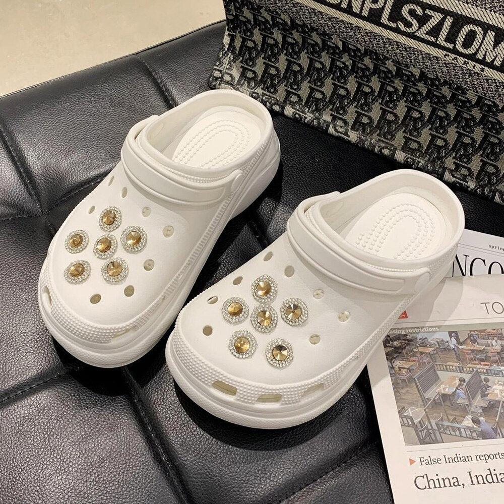 Stevvex Comfortable Women's Foam Platform Garden Clogs white with rhinestones, 2 pairs on Tampa Home & Garden Store