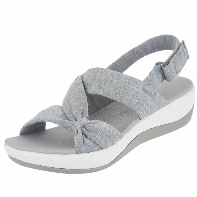 Stevvex women's sandals knotted grey fabric upper, slingback strap, low wedge sole on Tampa Home & Garden Store