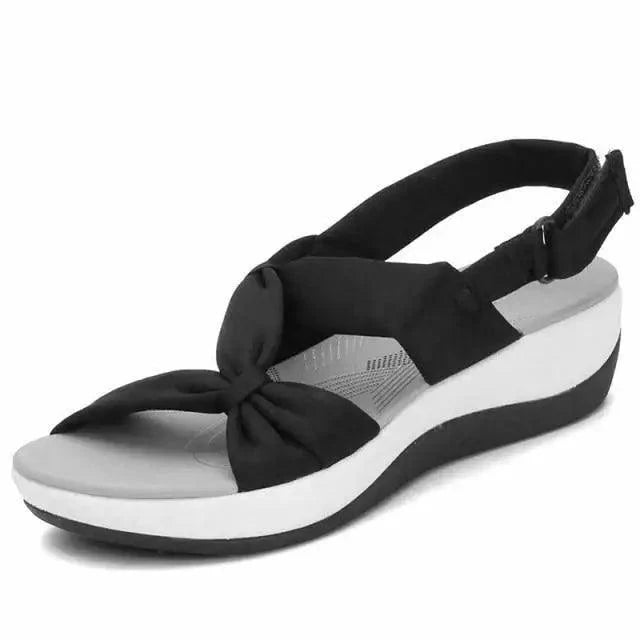 Stevvex black knot-front summer women's sandals with slingback strap and white platform wedge on Tampa Home & Garden Store