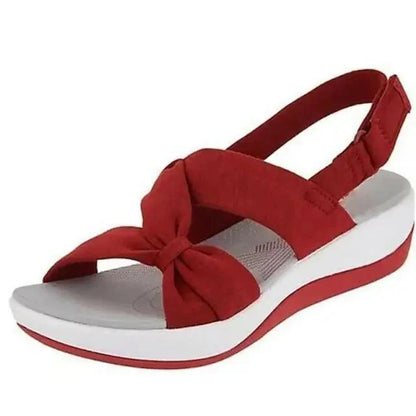 Stevvex women's red knot-front sandal with white footbed and wedge sole on Tampa Home & Garden Store