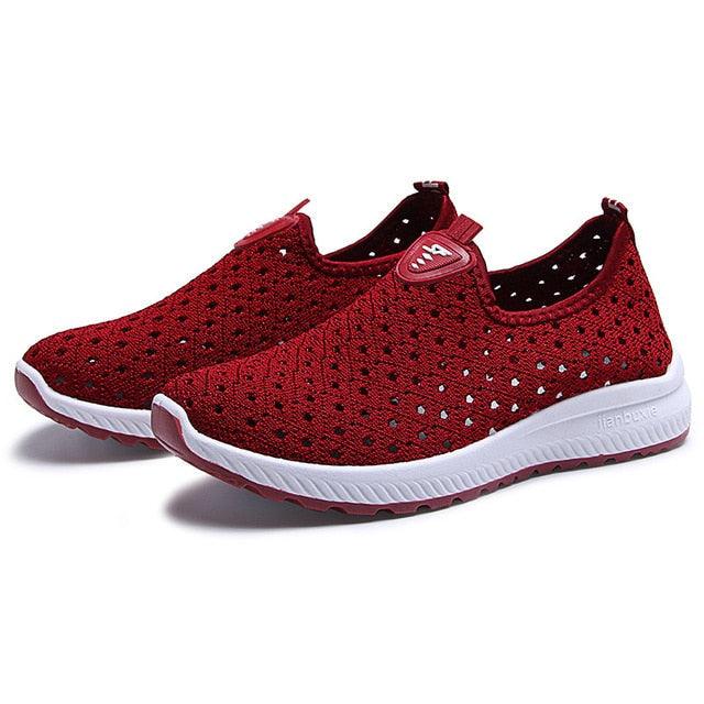 Stevvex red breathable mesh sneakers slip-ons with white sole pair on Tampa Home & Garden Store
