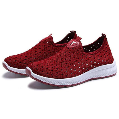 Stevvex red breathable mesh sneakers slip-ons with white sole pair on Tampa Home & Garden Store