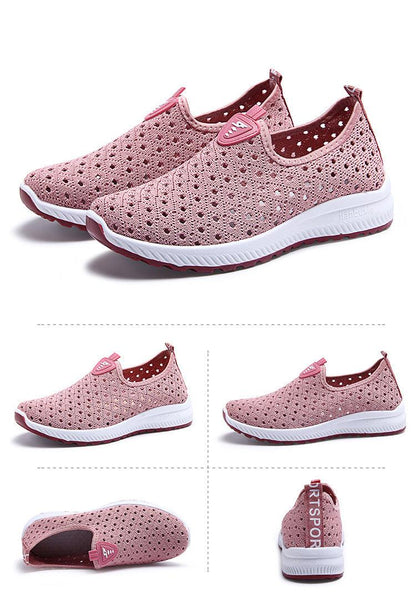 Stevvex pink breathable mesh sneakers slip-on flats with perforated upper and white sole on Tampa Home & Garden Store