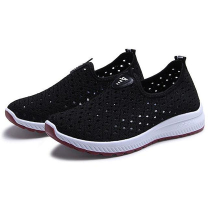 Stevvex black breathable mesh sneakers slip-on with white midsole and burgundy outsole on Tampa Home & Garden Store