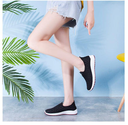 Stevvex women's breathable mesh sneakers, black knit upper with white sole pink edge on Tampa Home & Garden Store