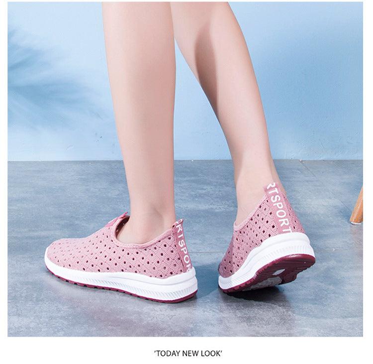 Breathable pink mesh slip-on sneakers for women with perforated upper and white sole on Tampa Home & Garden Store