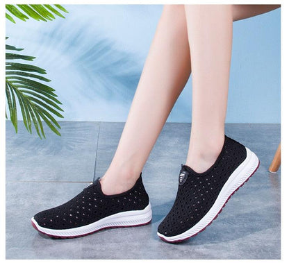 Stevvex women's mesh sneakers black slip-on with white sole pink trim walking shoes on Tampa Home & Garden Store